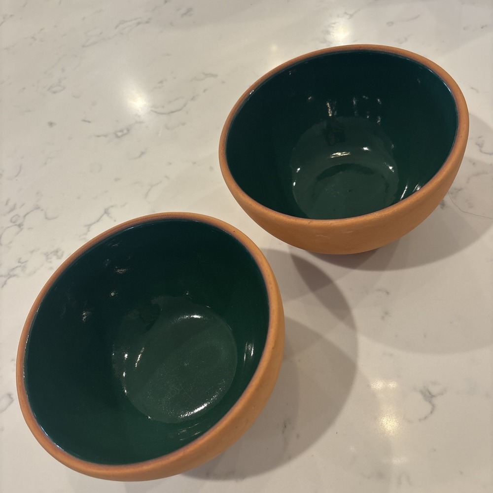 ROMERTOPF Pottery Terra Rosa Reco Glazed Green Clay 5" Bowls (2) Unglazed Outer